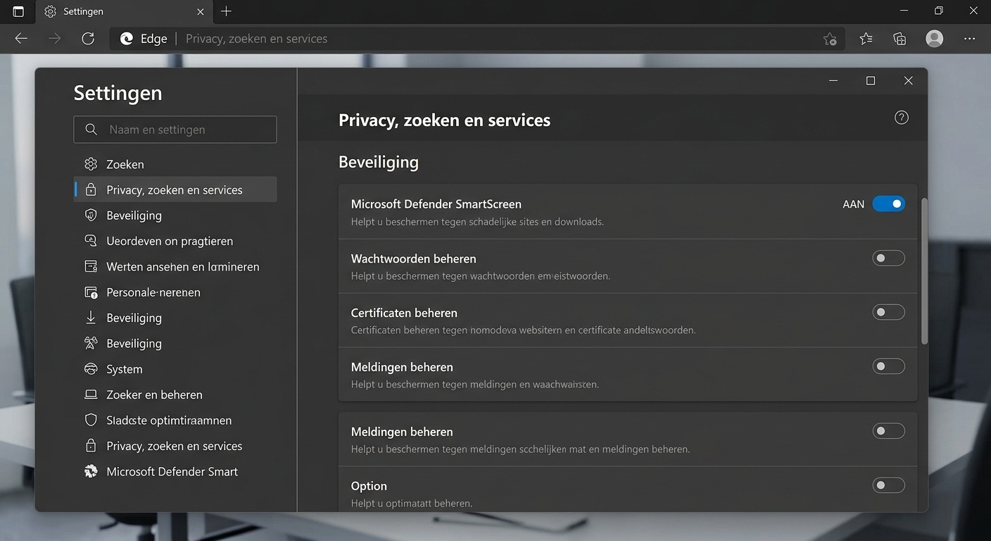 Screenshot van de Edge-instellingen onder Privacy, zoeken en services, Beveiliging, met de schakelaar Microsoft Defender SmartScreen ingeschakeld, zonder echte gegevens