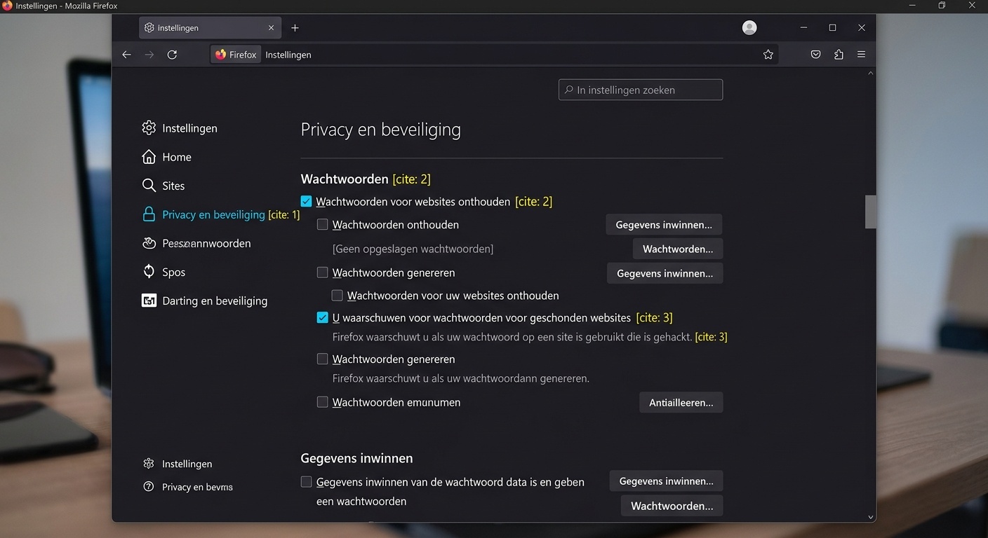 Screenshot van de Firefox-instellingen onder Privacy en beveiliging, sectie Wachtwoorden, met de waarschuwing voor gehackte websites ingeschakeld, zonder echte gegevens